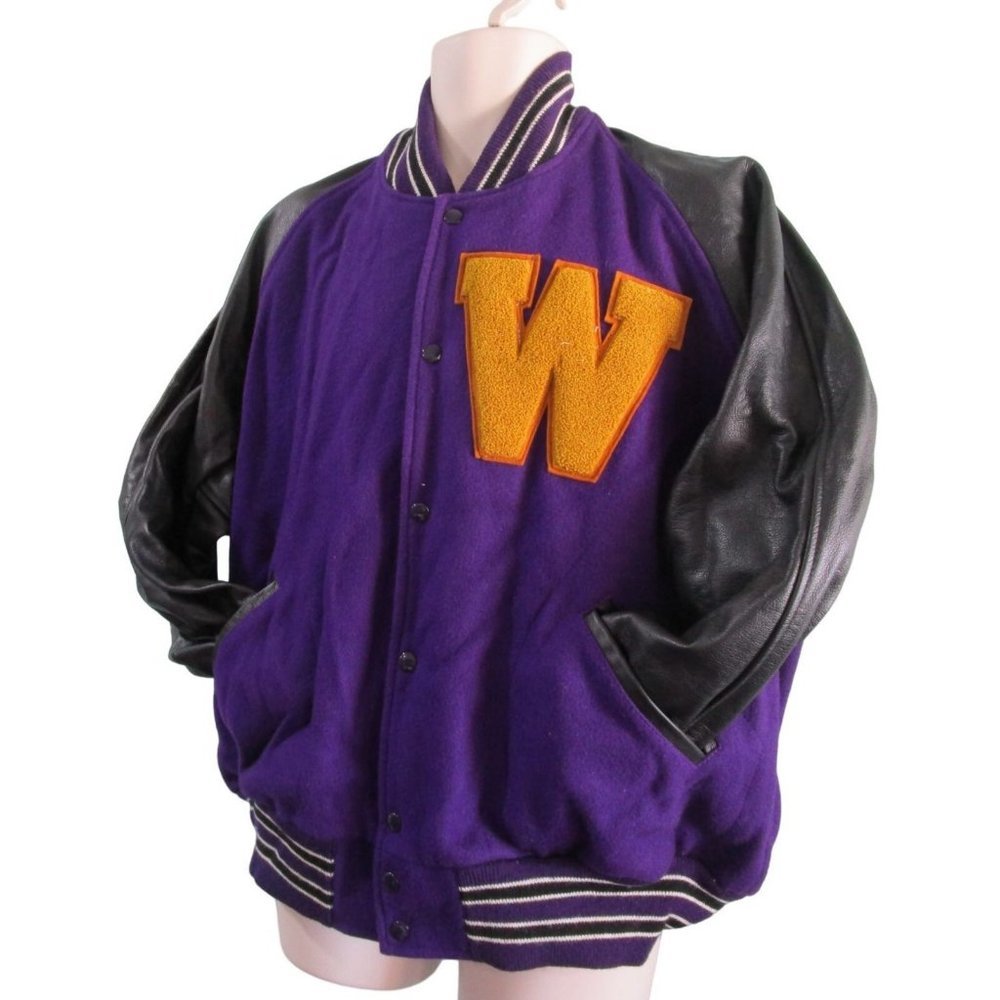 Vintage Kimmel Varsity Letterman Jacket Purple Wool Blend Black Leather Gold W